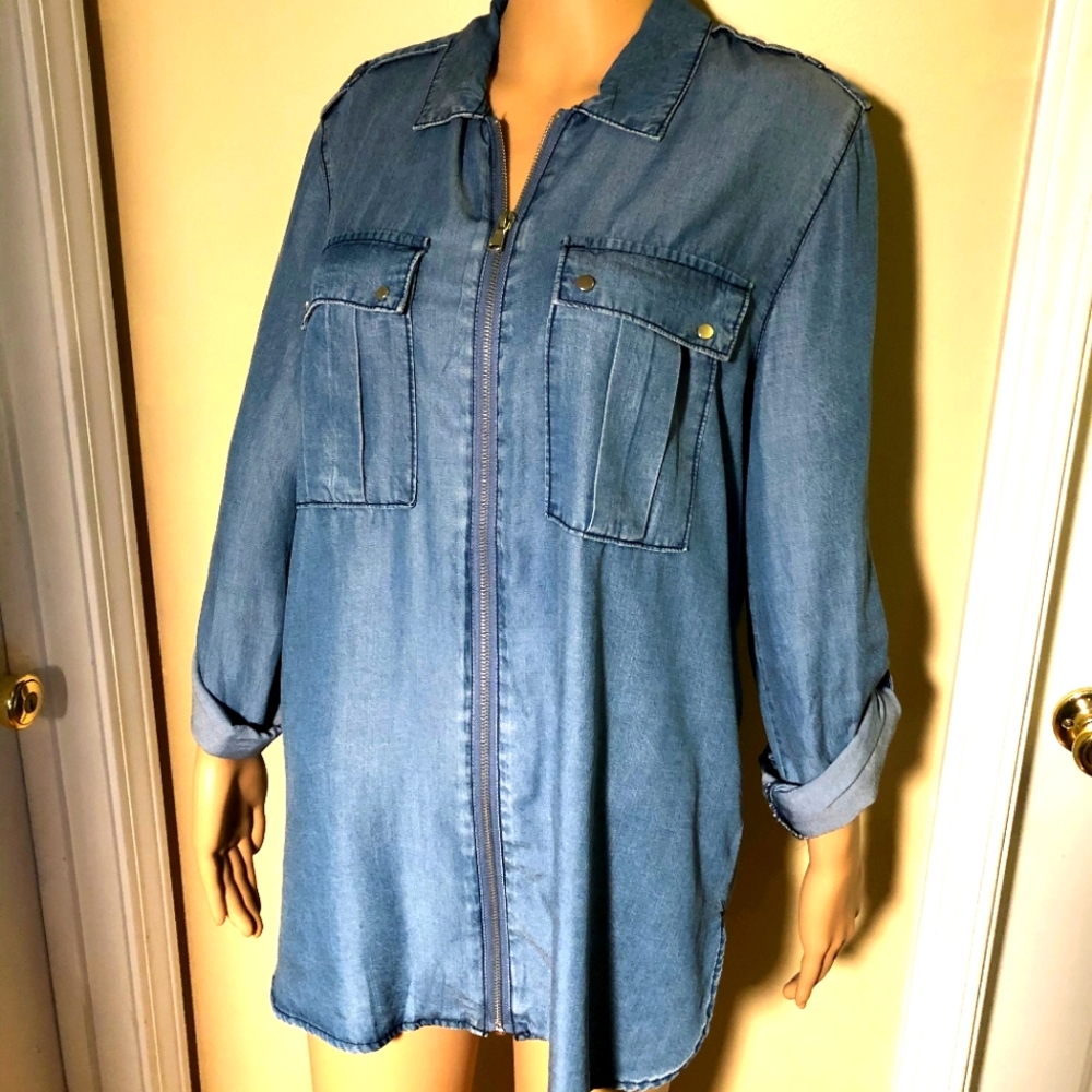 Velvet Heart Denim Zip Up Collared Shirt